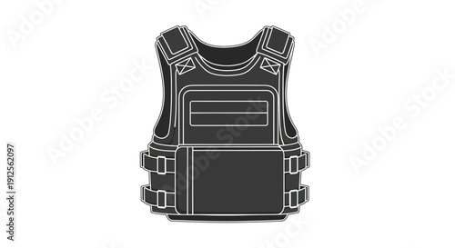 A tactical vest is depicted in a detailed illustration on a plain white background from a front viewpoint.
