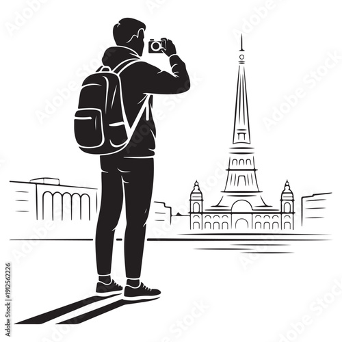 Silhouette of tourist with backpack taking photo of famous landmark tower, with city buildings in background, representing travel and exploration