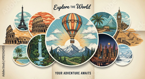 A colorful vector illustration of a hot air balloon soaring over a mountain range with various landmarks from around the world.