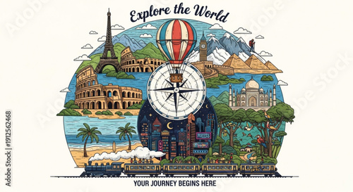 A vibrant vector illustration of a globe with various landmarks and modes of transportation, symbolizing travel and exploration.