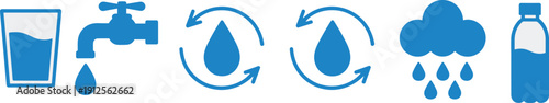 Water conservation icon set featuring tap, recycling drops, rain cloud, glass, and bottle symbols in clean blue flat design style