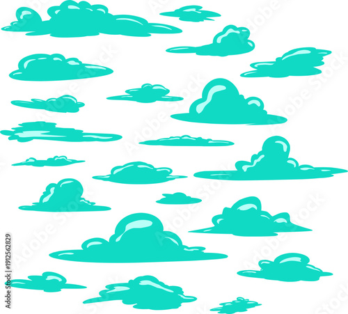 Set of cartoon turquoise blue clouds icons collection for sky background decoration isolated on grey flat vector illustration.