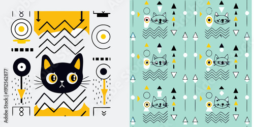 Geometric cat pattern with abstract shapes and repeating design elements