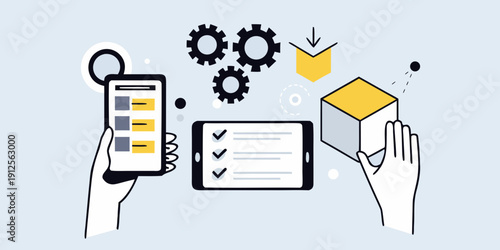 Digital transformation concept hands interacting with technology and gears