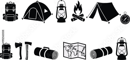 Camping and Hiking Equipment Icons Set with Backpack, Tent, Lantern, Campfire, Sleeping Bag and Navigation Tools for Outdoor Adventure Illustration