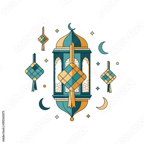 Islamic Lantern with Ketupat Decorations and Crescent Moons, Ramadan Kareem Celebration