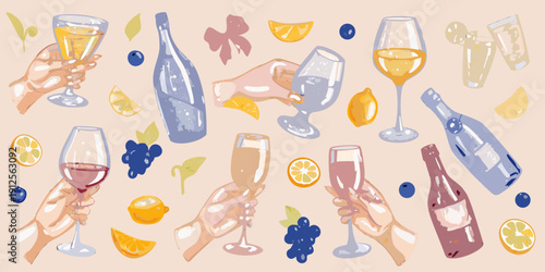A colorful illustration of wine glasses bottles and fruit elements