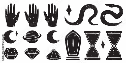 Mystical symbols including hands celestial bodies and spiritual objects