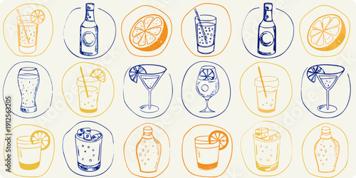 A colorful pattern of hand drawn cocktail and citrus fruit illustrations