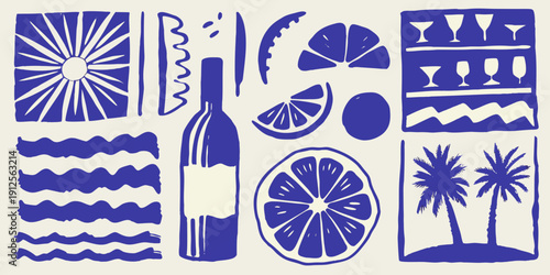 Blue and white illustration of citrus bottles and tropical motifs