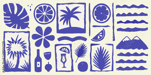 Stylized blue and white tropical pattern with botanical and citrus elements