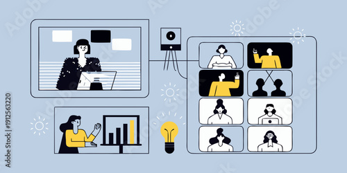 A digital illustration depicting a virtual meeting or online conference call