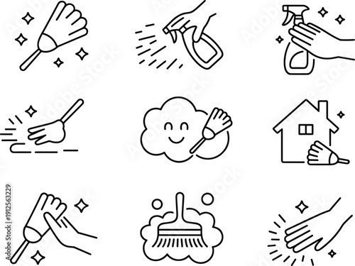 Cleaning service line icons set featuring spray bottle, gloves, duster, mop, and home hygiene symbols for housekeeping and sanitation concepts
