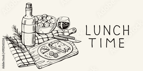 A vintage style lunch illustration featuring wine cheese and grapes