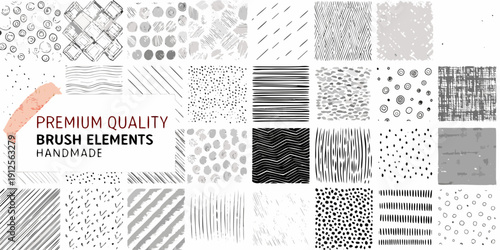 Collection of hand drawn textures and patterns in grayscale and coral