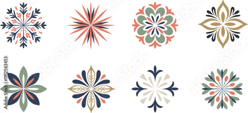 Colorful geometric floral ornament set with Scandinavian folk style symmetry, decorative rosette motifs, modern flat design elements for branding, textile, and surface pattern projects