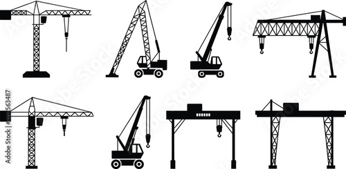 Collection of Construction Crane Silhouettes Isolated on White Background – Tower, Mobile, Crawler and Gantry Cranes Industrial Equipment Vector Set