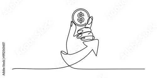 Continuous line drawing of a hand holding a dollar coin with an upward arrow showing growth Vector, illustration