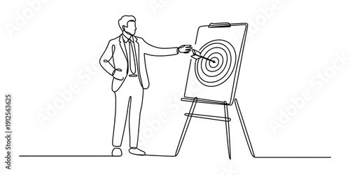 A continuous line drawing of a businessman pointing at a target on an easel for corporate success Vector, illustration
