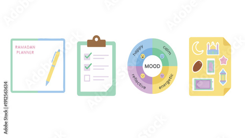 Ramadan Journal Planner and Tracker Icon Set, Notebook Checklist Sticker Mood Chart Collection Illustration