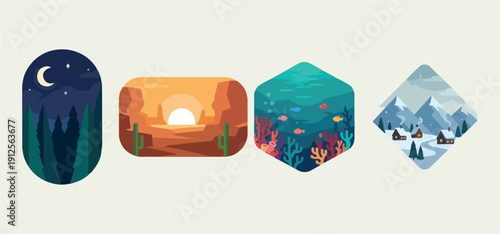 Sunset Flower Garden Scenic Illustration Set, Colorful Wildflower Meadow Vector Art, Nature Landscape Retro Wall Print Design, Poppy Bloom Field Clipart Collection, Warm Evening Sky Poster Graphics, B