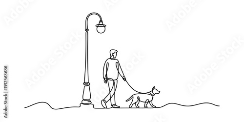 A simple line drawing of a man walking his dog past a vintage street lamp on a sidewalk. Vector, illustration