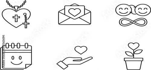 Love and Faith Icon Set Featuring Heart Locket With Cross Love Letter Infinite Happiness Smile Face Calendar And Growing Heart PlantLove and Faith Icon Set Featuring 