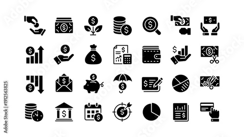 A professional icon collection featuring finance, banking, investment, and business growth symbols.
