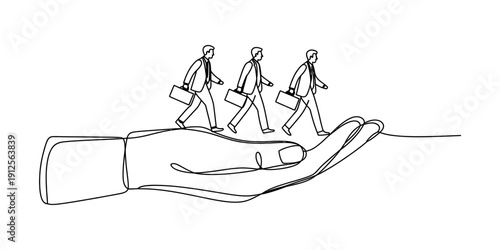 Continuous line drawing of businessmen walking on a large hand representing career support Vector, illustration