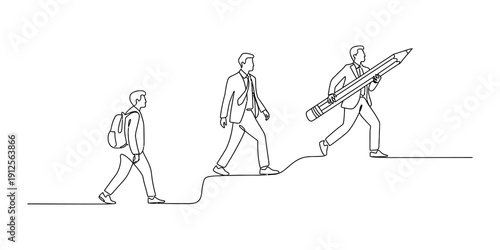 Continuous line drawing of a student evolving into a businessman carrying a large pencil Vector, illustration