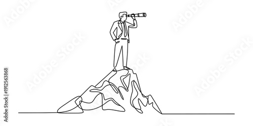Businessman standing on mountain top looking through telescope for future opportunities Vector, illustration