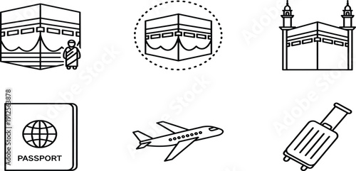 Islamic Pilgrimage Icon Set Featuring Kaaba In Mecca Pilgrim Passport Airplane And Suitcase For Hajj Or Umrah Religious Travel ConceptIslamic Pilgrimage Icon Set Featuring 