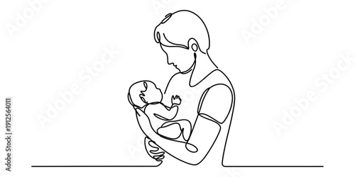 Continuous line drawing of a mother or father holding their newborn baby close to their chest Vector, illustration