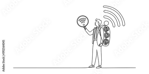 Businessman holding a wifi symbol with gears in his backpack representing technical connectivity Vector, illustration