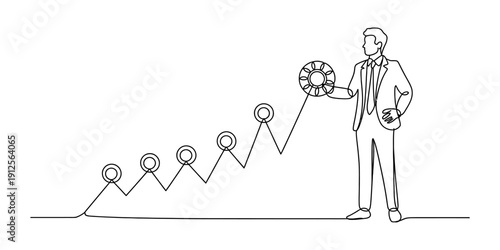 Continuous line drawing of a businessman holding a poker chip at the top of a rising profit graph. Vector, illustration