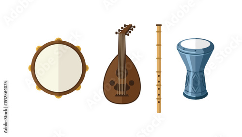 Traditional Islamic Musical Instrument Icon Set, Daff Oud Ney Darbuka Drum Collection