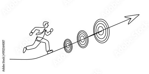 Businessman running on an upward arrow through multiple targets symbolizing achievement and growth Vector, illustration