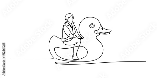 Continuous line drawing of a person sitting on a giant inflatable rubber duck toy. Vector, illustration