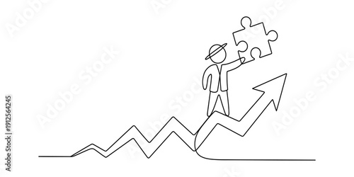 Continuous line drawing of a businessman standing on a growth arrow holding a puzzle piece Vector, illustration