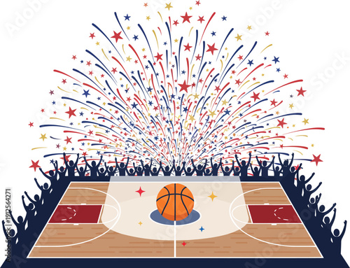 Celebratory basketball court scene with fireworks and crowd from an overhead viewpoint