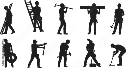 Construction worker silhouettes set with builders carrying tools, ladders, and materials, industrial labor illustration for building, maintenance, repair, and workforce concepts