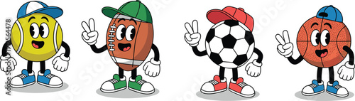 Cute Cartoon Sports Ball Characters Collection – Tennis, American Football, Soccer and Basketball Mascots with Caps Isolated Vector Illustration Set
