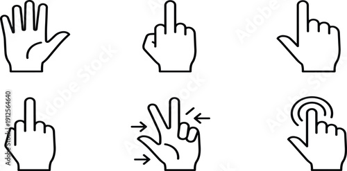 Hand Gesture Icon Set Featuring Open Palm Pointing Finger Victory Sign Middle Finger Dislike And Touch Screen Interaction For InterfaceHand Gesture Icon Set Featuring 