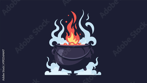 Dramatic pixel art of a bubbling cauldron over a bright fire with smoke rising against a dark background for Halloween.