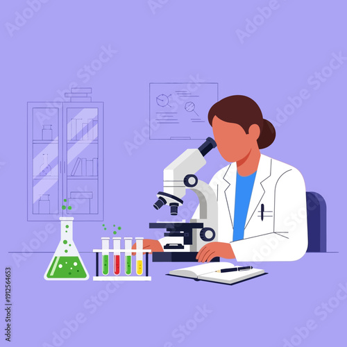 Scientist working with microscope and test tubes in laboratory, scientific research concept