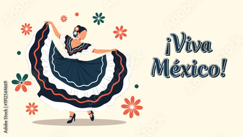 Elegant Mexican dancer in a traditional black and white dress performs a folk dance to celebrate Mexican culture and heritage.