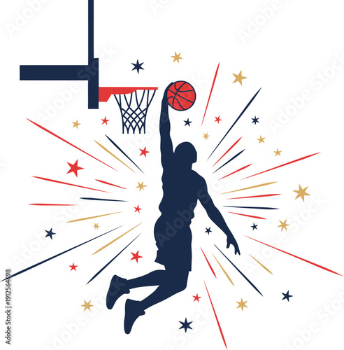 Silhouette of a basketball player dunking with dynamic starburst effect surrounding the hoop and player