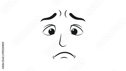 Simple line drawing of a pensive human face depicts a sad expression with downturned eyebrows and a frowning mouth on a white background.
