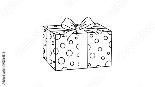 Black and white line drawing of a polka dot gift box wrapped with a large ribbon and bow is perfect for coloring book or simple icons.
