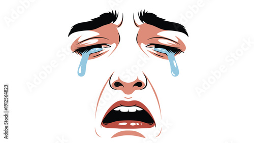 Dramatic illustration shows a close up of a person crying with blue tears streaming down their face and an open mouth in distress.
